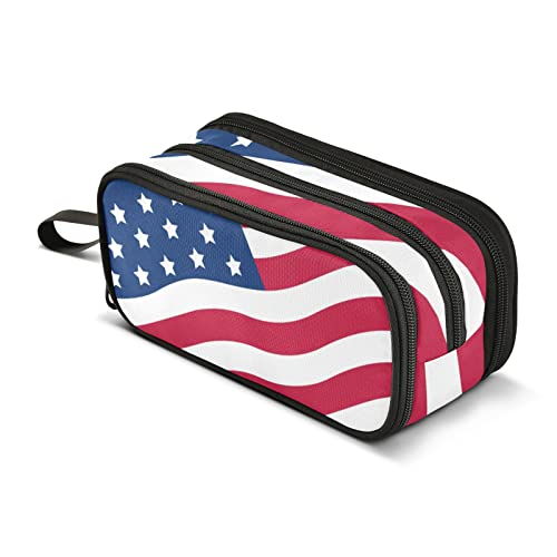 Image of USA American Flag Pencil Case Box Boys Girls Large Pencil Pouch Zipper Compartments Big Capacity Stationery Pen Bag Organizer for Kids Teens Adults School