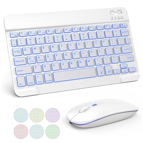 TECURS Bluetooth Keyboard and Mouse Combo for iPad 7-Color Backlit Rechargeable Wireless Keyboard & Mouse Compatible with iPad 10th/9th/8th Gen iPad Pro/Air/Mini and ipadOS 13 and Above (White Grey)