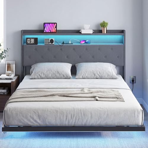 HOMCOM Cadre de lit 160 x 200 cm avec sommier Acier et multiprise, lit 2 Personnes Flottant Robuste avec lumières LED RGB, Musique Sync, tête de lit...