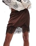 Womens Half Slip Underskirt Silky Satin Frilly Lace Hem Petticoat Elegant Half Body Inner Skirt Above Knee Underskirt (Elegant Dark Brown, S)