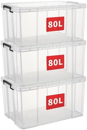 Cetomo 80L*3 Storage Boxes, Stackable Plastic Storage Cube with L...