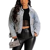 HTD Women's Jean Jacket with Rhinestone Fringe Button Up Long Sleeve Ripped Distressed Denim Jacket Frayed Hem Light Blue L