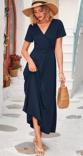 Image of WNEEDU Women's Summer Maxi Dress Short Sleeves Wrap V Neck Long Dresses with Pockets