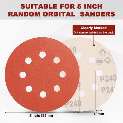 Image of 100 PCS 5 Inch Sanding Discs 240 Grit, 8 Hole Aluminum Oxide Hook and Loop Round Sandpaper for Random Orbital Sander