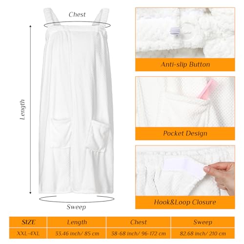 Tigeen 2 Pcs Plus Size Towel Wrap for Women Bath Wrap Towel Dress Terry Cloth Spa Robe with Straps Adjustable Closure(White,Xxl-4xl)2