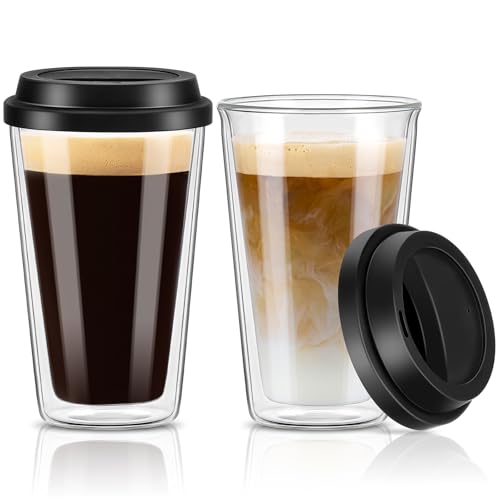 Comparison: Best Reusable Coffee Cups 5 Qipecedm 2 Packs Double Walled Glass Coffee Mugs with Silicone Lids, 12 OZ Reusable Glass Coffee Cups, Insulated Coffee Mugs, Cappuccino,Tea,Latte,Iced Coffee Cups, Glass Travel Mug, Heat Resistant