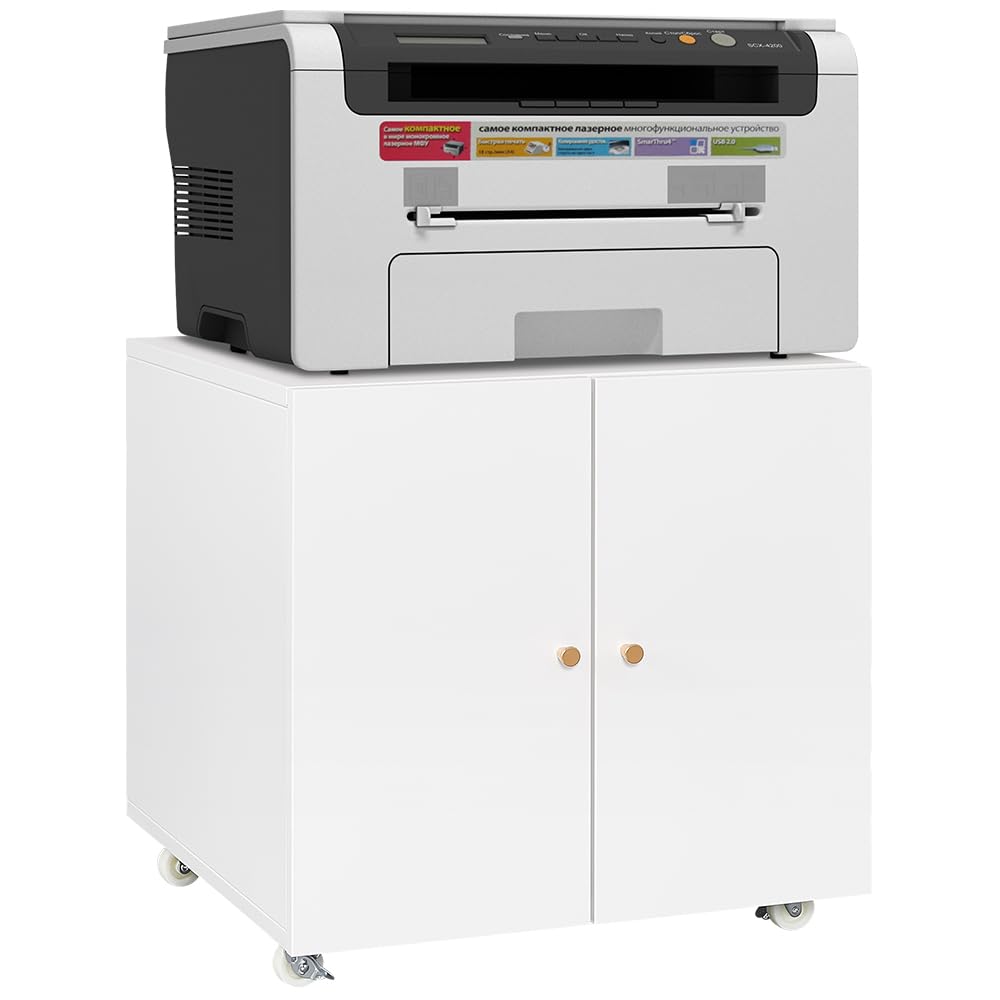 CuisinSmart Printer Stand with Storage, Copier Printer Cabinet with 2 Doors Mobile Steel File Cabinet Rolling Storage Cabinet on Wheels for Home Office 23.6''H White One Size