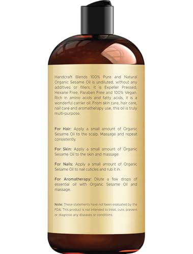 Image of Handcraft Blends Organic Sesame Oil - 16 Fl Oz - 100% Pure and Natural - Premium Grade Carrier Oil for Skin and Hair - Hair and Body - Massage - Expeller-Pressed and Hexane-Free