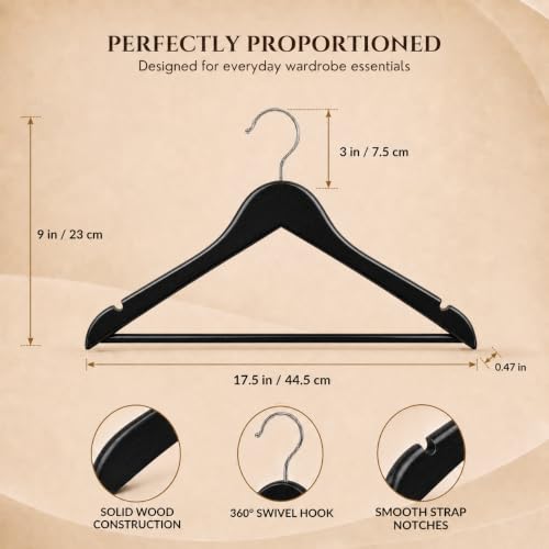 Image of Ash & Roh - Wooden Suit Hangers - Smooth Finish Solid Wood Coat Hanger with Non Slip Pants Bar, 360 Swivel Hook and Precisely Cut Notches Camisole, Jacket, Clothes Hangers (Lack Hanger, 100)
