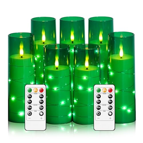 Image of Flameless Candles,with Embedded Star String, Battery Operated Candles Flickering LED Pillar Candles with Remote Control and Timer, Home Decoration Add a Warm and Romantic Atmosphere,Set of 7 (Green)