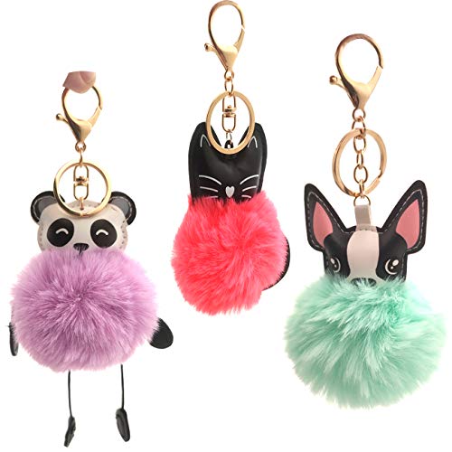YuChiSX 3 Pieces Animal Pom Pom Keychain Doux Mignon Lapin Boule De Fourrure Pompom Lunettes De Voiture Pendentif Sac À Main Porte-clés Licorne Chaîne Cute Fluffy Key Ring for Women Bag Accessories