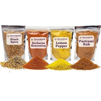 SavorSatch Spices & Seasoning Holiday Sampler Gift Set - Includes Smoked BBQ Seasoning, Steak Seasoning, Lemon Pepper Spice, and Pastrami Rub - Perfect for Turkey, Chicken, Beef, Brisket, Seafood & Vegetables - Certified Kosher - Resealable Pouches - 4oz 