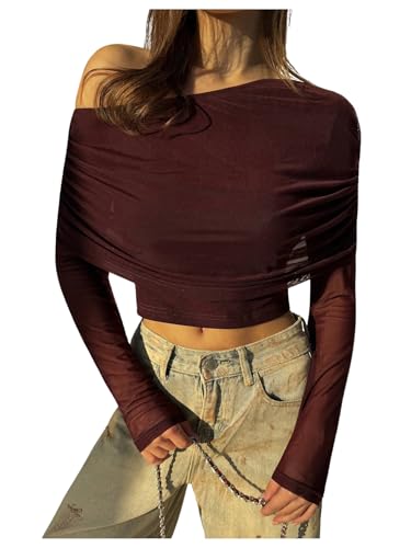 Image of SweatyRocks Women's Sheer Mesh Off Shoulder Tops Long Sleeve Ruched Fitted Crop Tops Night Out Tees