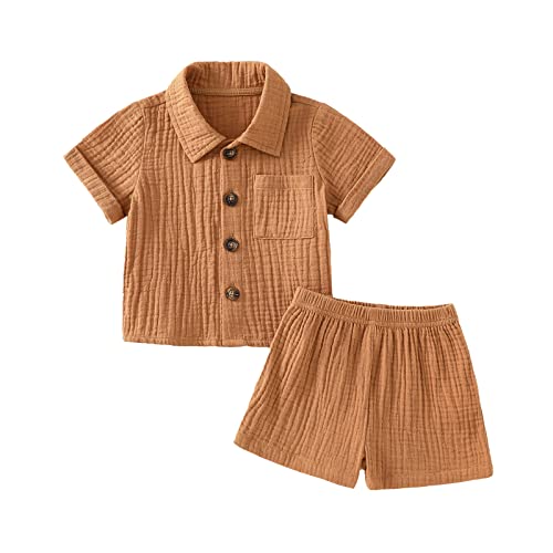 Image of Baby Boys Clothes Set Toddler Infant Boys Button-down Shirt Tops + Cotton Gauze Shorts Summer Outfit 2PCS with Pockets