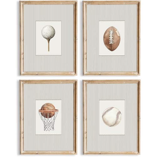 Sports Wall Art Decor Toddler Boys Room Canvas Prints Vintage Sports Nursery Wall Decor Kids Poster Football Baseball Pictures Basketball Golf Painting Artwork for Bedroom 8x10 Inch Unframed Set of 4