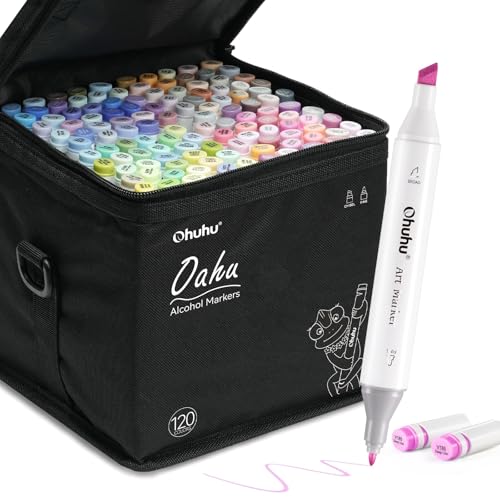Image of Ohuhu Alcohol Markers, 120-Color Marker Set For Artists, Oahu Series, Double Tipped Alcohol Based Art Markers For Adults Coloring Sketching Illustration, Marker Case, Fine & Chisel, Multicolor
