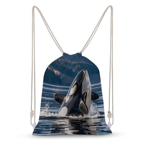 Orca Killer Whale Drawstring Backpack - Canvas Sports Gym Sackpack, Lightweight String Bag for Beach & Travel