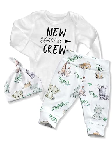 Image of Oranchids Newborn Baby Boy Clothes New To The Crew Letter Print Long Sleeve Romper+Cute Animal Pants Hat 3PCS Infant Outfits