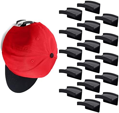 Modern JP Adhesive Hat Hooks for Wall (16-Pack) - Minimalist Hat Rack Design, No Drilling, Strong Hold Hat Hangers - U.S. Patent Pending, Black