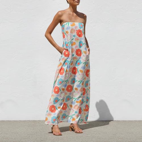 Image of Women Y2k Strapless Maxi Dress Summer Backless Floral Long Tube Dress Off Shoulder Cocktail Party Dress