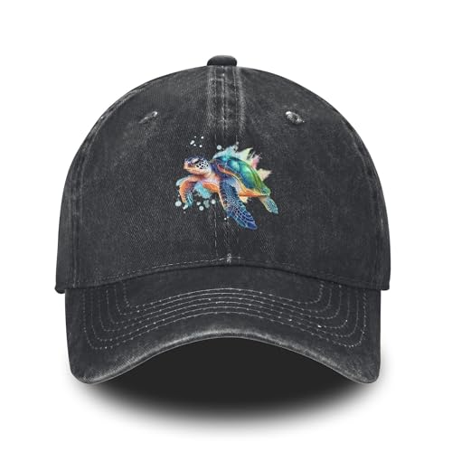 Sea Turtle Printed Baseball Cap Adjustable Vintage Washed Distressed Denim Trucker Hat for Women Men