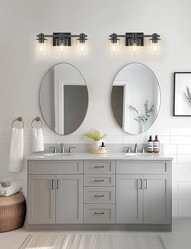 Image of L LOHAS LED 3-Light Black Bathroom Light Fixtures Over Mirror, Modern Matte Black Vanity Light with Clear Glass Shade, Vanity Lights for Bathroom Bedroom Hallway