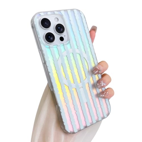 Coque iPhone 16 Pro Max irisée à rayures laser avec anneau magnétique intégré