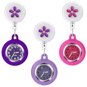3Pack Retractable Nurse Watch for Nurses Doctors Cute Flowers Clip-on Hanging Lapel Nurse Watch with Second Hand,Silicone Cover Brooch Fob Pocket Watch Badge Reel