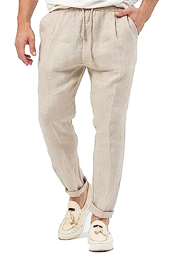 Pantalon en lin homme élégant beige A2 taille 48 de style décontracté chic