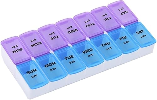 Henniu Estojo de Remédios Caixa de Remédios Organizador de Comprimidos Lembrete de Medicamentos Recipiente de viagem Portátil para vitaminas Compartimentos Semanal 2 x Por Dia Manhã e Noite