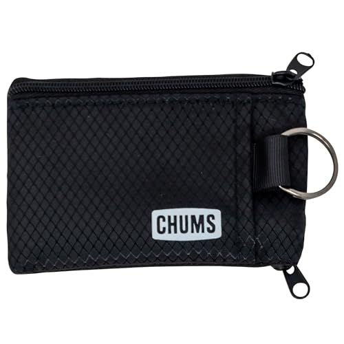 Chums Surfshorts Wallet - Solid Colors Collection Lightweight Slim Wallet with RFID Blocking Card & Clear ID Window - Zippered Minimalist Wallet w/Key Ring (Black)