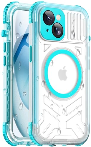 Haireca for iPhone 15 Waterproof Case with Magsafe Built-in [Camera & Screen Protector] [Lanyard] IP68 Water Proof Full Body Dustproof Heavy Duty Frosted Protective Phone Cover 6.1 Teal