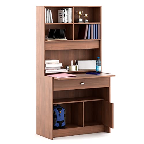 Image of Spacewood Study Table | 3 Year Warranty | Achiever |Study Desk with Storage, Study Table, Table with 4 Shelves and 2 Drawer Storage | Engineered Wood | Walnut Rigato