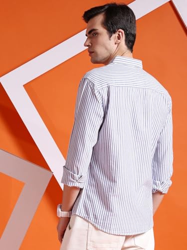 Image of The Indian Garage Co Men Slim Fit Striped Full Sleeves Cutaway Collar Casual Shirt