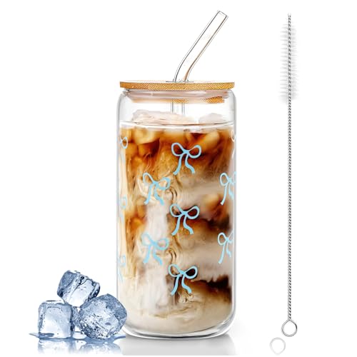 dellyy Tazas de Café de Cristal, 500ml Vaso Cristal con Tapa y Pajita,Vaso de Cerveza con Tapa y Pajita,Diseño de Lazo de Mariposa,Se Puede Usar Como Vaso de Café, Vaso para Jugo (Azul)