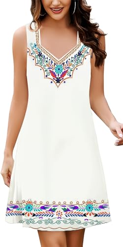 Image of SAUKOLE Summer Dresses for Women Casual Sleeveless Tank Dress Fashion V Neck Flowy Short Sundress