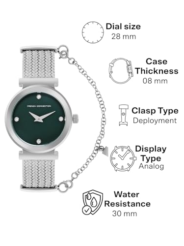 Image of French Connection 2 Hands Green Round Dial Stainless Steel Mesh Strap | Casual | Premium | MOP Dial with Stones Feature | Wrist Watch for Women - FCH8SM