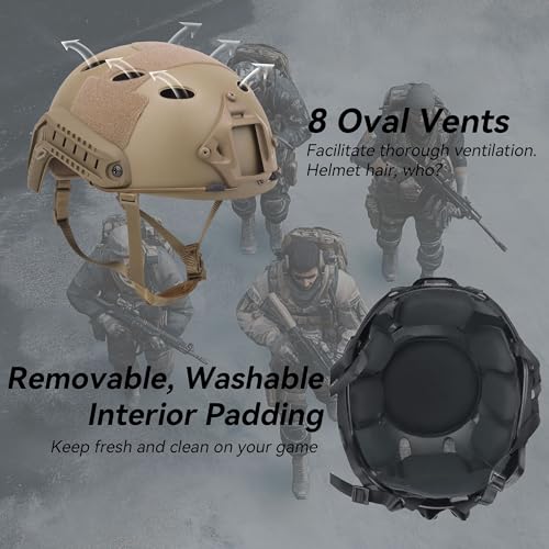 Airsoft Helmet, Fast PJ Type Tactical Paintball Helmet with Helmet Cover & Buffer Pads for Airsoft Paintball Cosplay Military Training Gift Tan Medium - Thumbnail 3