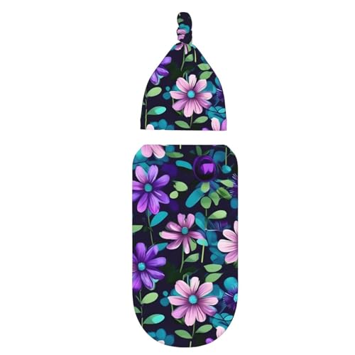 Purple Camellia Print Newborn Swaddle Blanket with Beanie Set, Soft Baby Sleep Sack Receiving Wraps, for Boy Girl