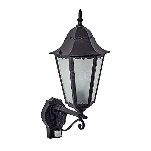 Außenwandleuchte Hongkong FROST m. Bewegungsmelder, Wandlampe aufwärts in antikem Look, Aluguß Schwarz m. Milchglas-Scheiben, Wandleuchte für...
