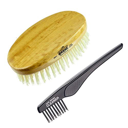 Kent MS11 Finest Men's Oval Military Satin / Beechwood Pure White Bristle Hair Brush + Kent LPC2 Hair Brush Cleaner - Best Hair Care Kit for Men, 360 Wave Brush, Encourages Hair Growth (MS11+LPC2)