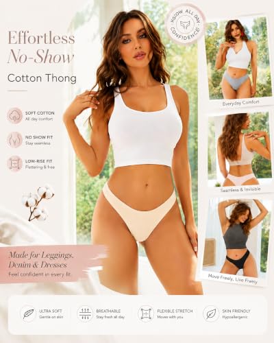 Image of CUTE BYTE Cotton Thongs for Women 6 Pack Breathable Soft Underwear Panties