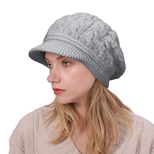 Joligiao BéRet Chaud d'hiver Femme Bonnet Tricoté en Laine Casquette BéRet Hiver à VisièRe Chapeau Coton Doublure Newsboy Chapeau éPaisseur en Tricot,Gris Cover
