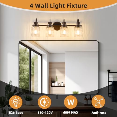 Image of 4 Lights Hammered Glass Bathroom Vanity Light, Oil Rubbed Bronze
