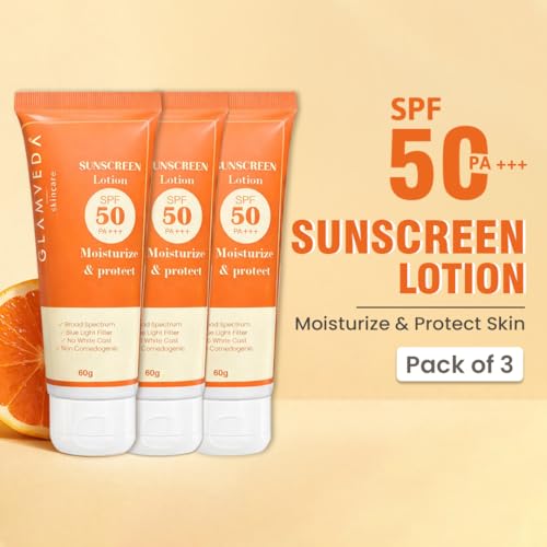 Image of Glamveda Hybrid Sunscreen Lotion Spf 50 PA+++ for Moisturize & Protect (Pack Of 3) 180 ml | Transparent & Ultra-lightweight Sunscreen | Non-Greasy, Quick-Absorbing | Zero White Cast | For Women & Men