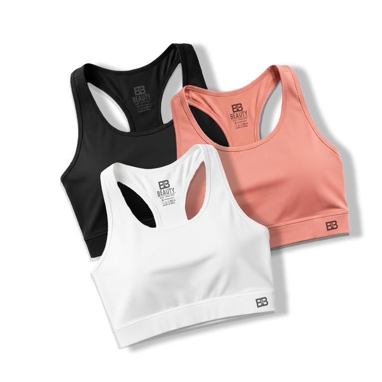 Image of BOLD & BEAUTY Women Cotton Blend Sports Bra with U-Neck, Racerback Style and Regular Straps for Workout, Yoga & Training (Pack of 3)