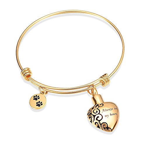 Alway in my heart expandable cuffCremation Bracelet for Ashes Dog Cat Paw Prints Pet Memorial Urn Jewelry  (Gold)