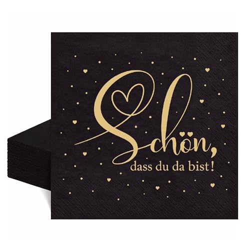 50 Servietten Schön dass du da bist mit Gold, Servietten Sprüche, Schwarz, Hochzeit, Babyparty, Geburtstag, Einweg-Partyservietten, Tischdeko, 2 ply, 33x33cm, Hergestellt in der EU