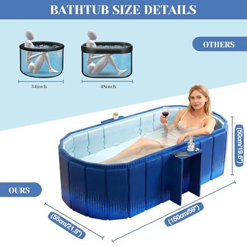 Image of Portable Ice Bath Tub for Adults Foldable Bathtub Spa, Thick Insulated Soaking BathTub with Drain, Home Bathroom Large Ice Bath Tub & Hot Spa Bath Relaxation (Navy Blue with Soap Stand)
