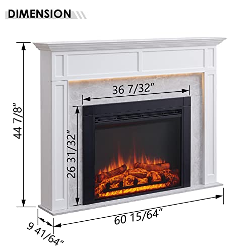 Legendflame® Ashley Electric Fireplace With 60" Mantel Surround And Jaden 36" Insert, Cream White With Light Grey Marble Finish #TOP2